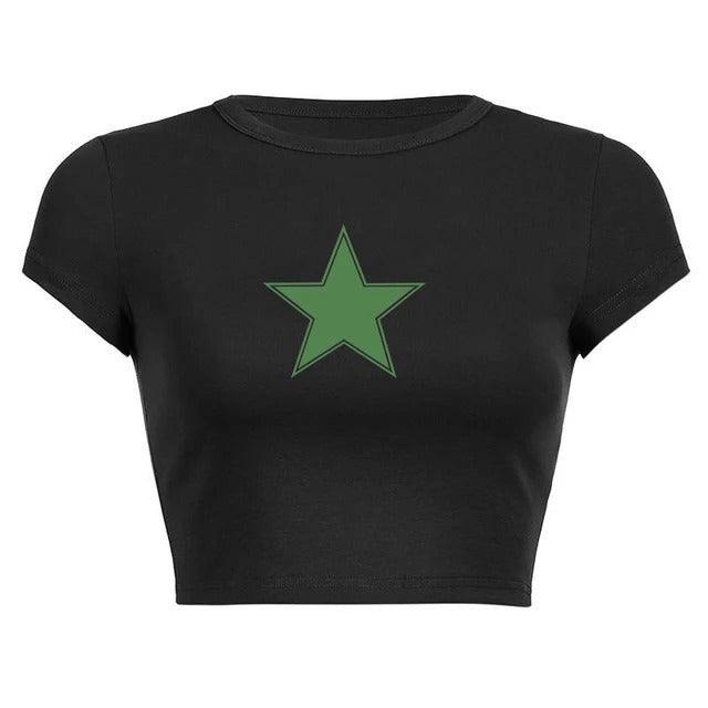 Dame cropped T-skjorte med stilig stjernemotiv Skjora