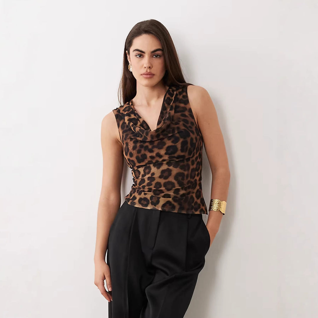 Dame Cowl-Neck Topp med leopardmønster Skjora