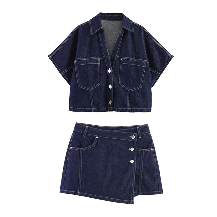 Damer denim-miniskjørt i asymmetrisk snitt med dekorative knapper Skjora