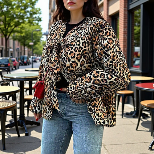 Kvinnes Urban Mønstret Jakke med Praktisk Belte Skjora