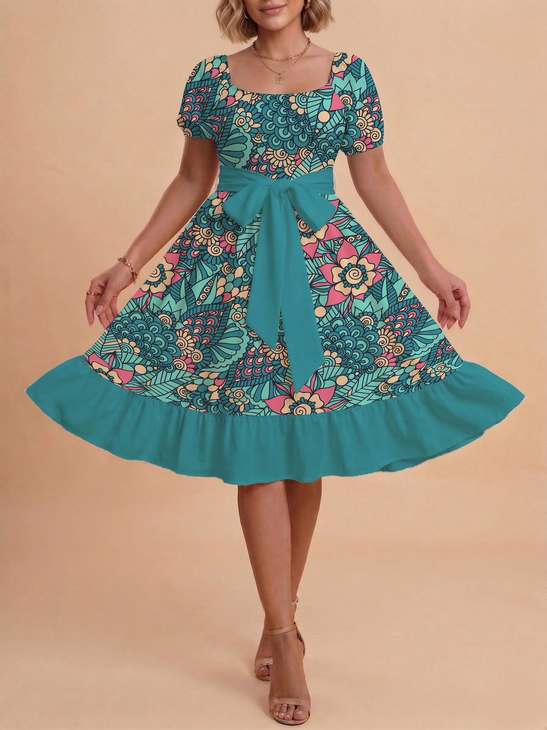 Damen modernes Blumenkleid mit elegantem Taillengürtel und asymmetrischem Saum Skjora