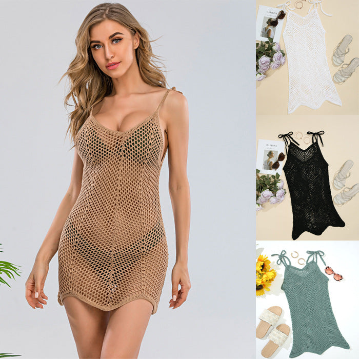 Damen Häkel-Strandkleid mit verstellbaren Trägern und dekorativem Netzdesign Skjora
