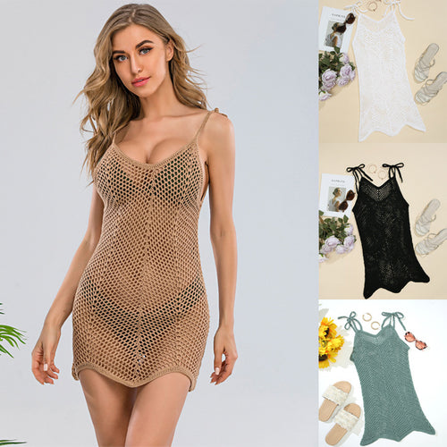 Damen Häkel-Strandkleid mit verstellbaren Trägern und dekorativem Netzdesign Skjora
