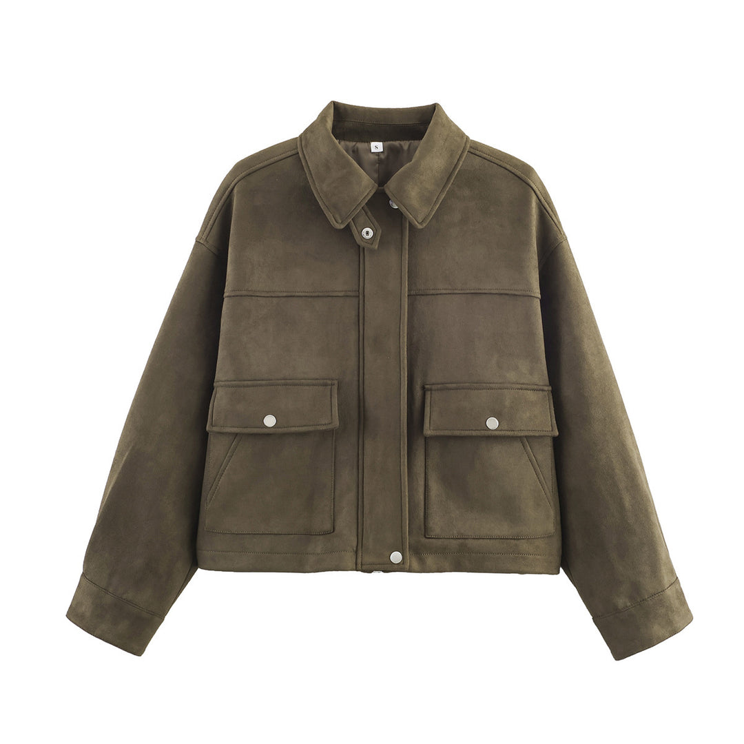 Women's Fashion Short Jacket Made of Soft Synthetic Leather with Practical Pockets