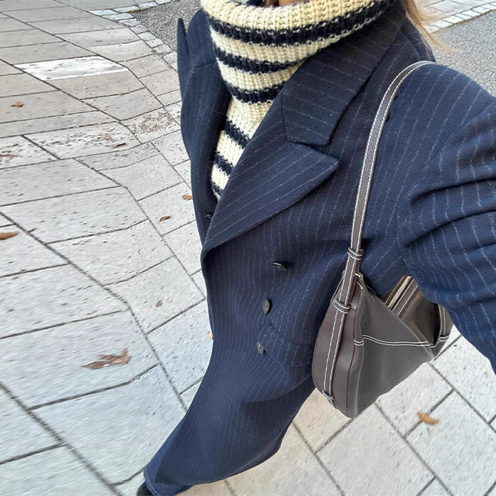 Dame Elegant Stripete Trench Coat med Dobbel Knepp og Praktiske Lommer Skjora