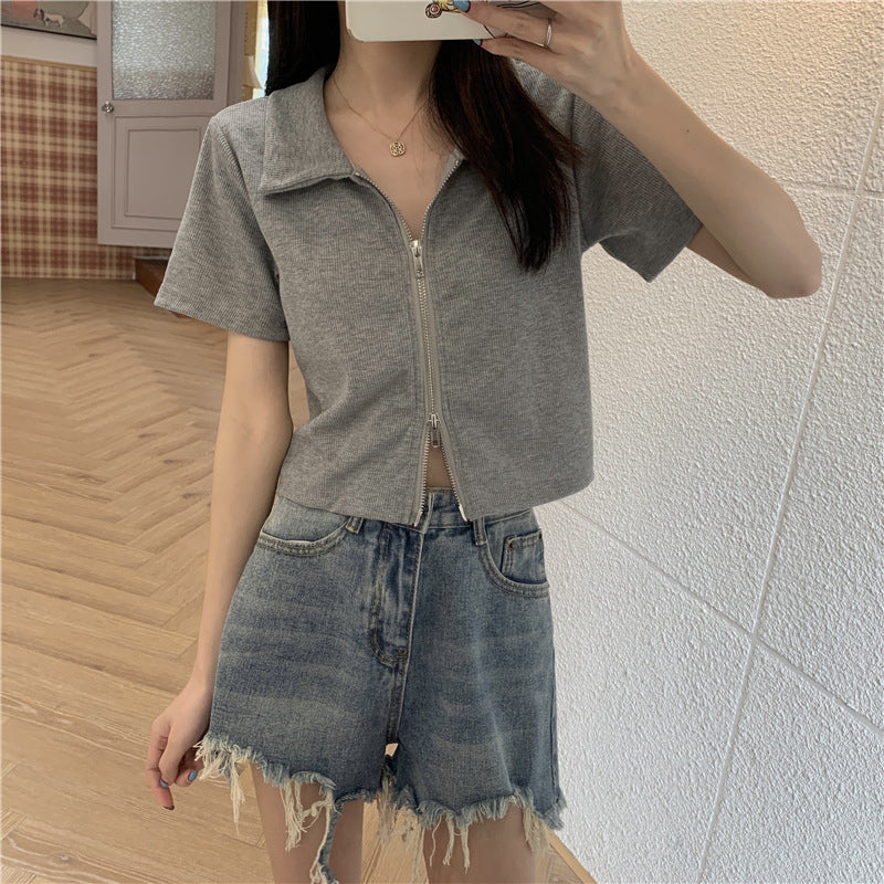 Kvinner Cropped Polo Shirt med Glidelås og Strukturert Finish Skjora