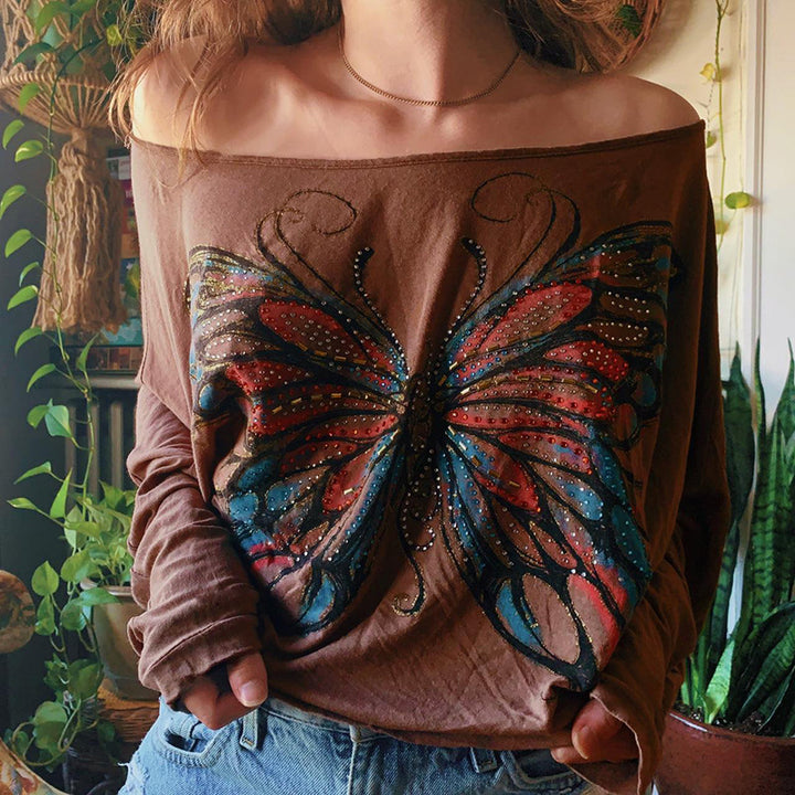 Dame Oversize-skjorte med glitrende sommerfugldesign Skjora