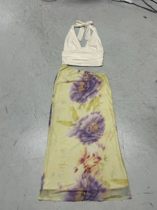 Dame Maxikjole med blomsterdesign og justerbare halterstropper Skjora