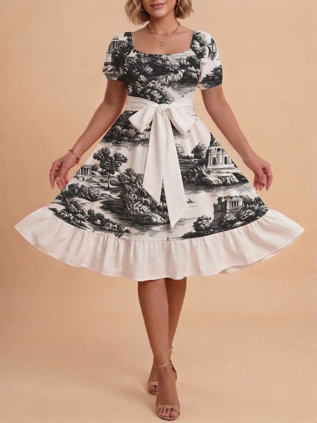 Damen Retro Maxikleid mit Puffärmeln und Taillengürtel Skjora