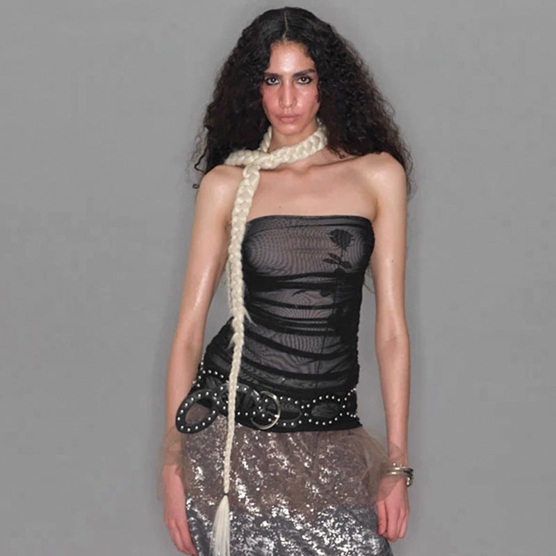 Dame Bandeau-top med rynk og transparent stoff Skjora