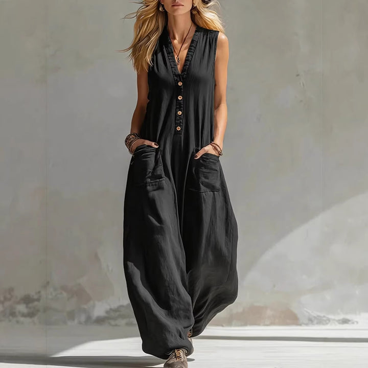 Dame jumpsuit med dyp V-halsing og praktiske lommer Skjora