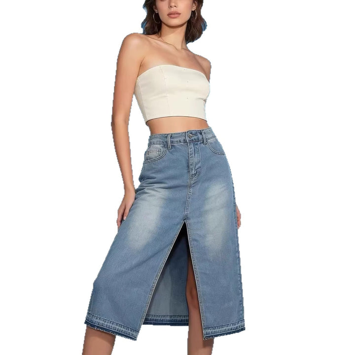 Dame Midi-Denim-skjørt med høy splitt og frynset kant Skjora