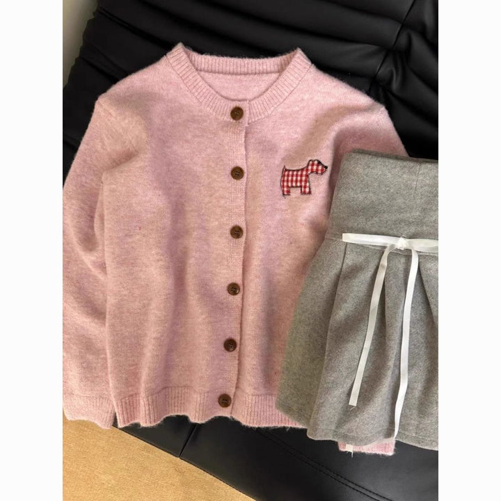 Damer Cozy Knit Cardigan med dekorativt hundemotiv Skjora