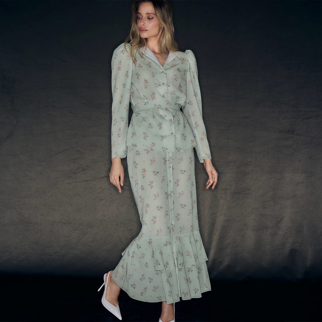 Damer Floral Pattern Maxi Kjole med Puff Ermer Skjora