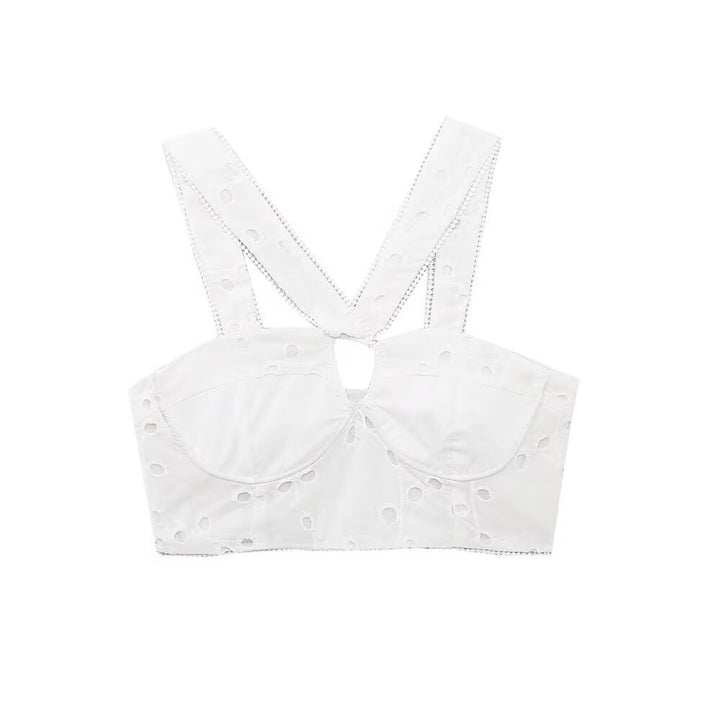Damen Brokat-Crop-Top med elegant utringning og dekorerte stropper Skjora