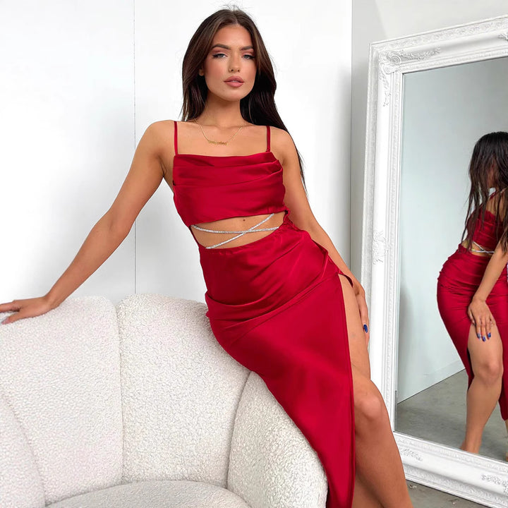 Damer Elegant Sateng-Maxi-Kjole med splittedesign og justerbare spaghetti-stropper Skjora