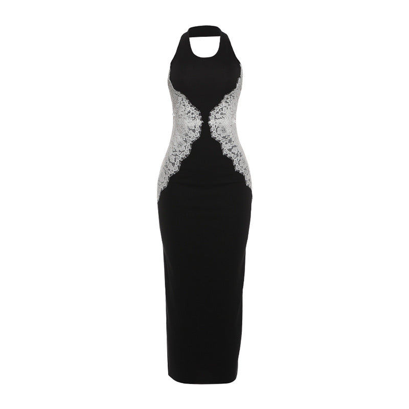 Damer Elegant Spets Maxi Kjole med dyp nøkkelhals og figurskapende design Skjora