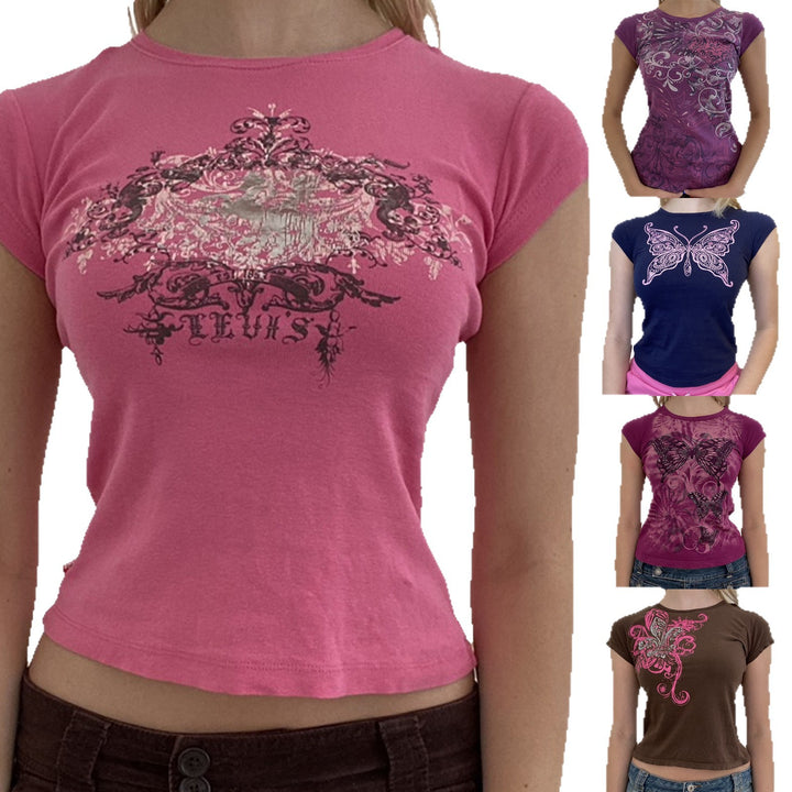 Damer uformell grafikk-crop-top med rund halsutskjæring Skjora