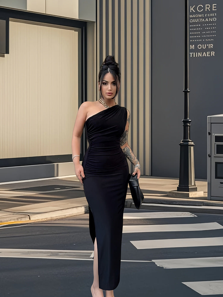 Damer Elegant Én-Shoulder Maxi Kjole med Figur-Nær Skjæring og Side Spalte