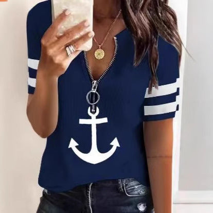 Dame Sporty T-skjorte med glidelås og maritime motiver Skjora