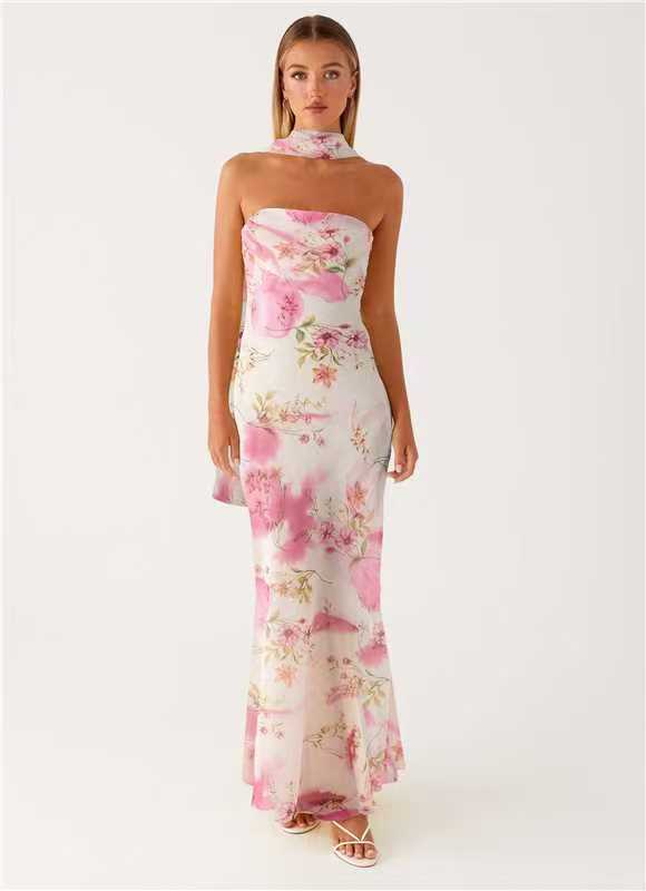 Damer Elegant Maxi Kjole med Blomster Chiffon Design og Halterneck Kutt