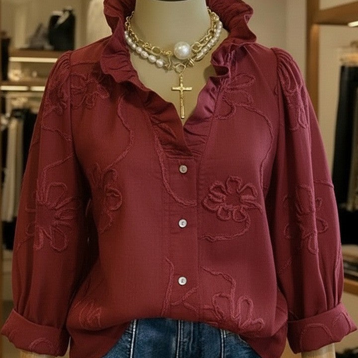 Dame elegant bluse med blomsterbroderier og voluminøse ermer Skjora