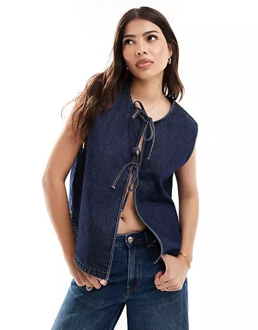 Dame Denim Bustier-Vest med snøring Skjora