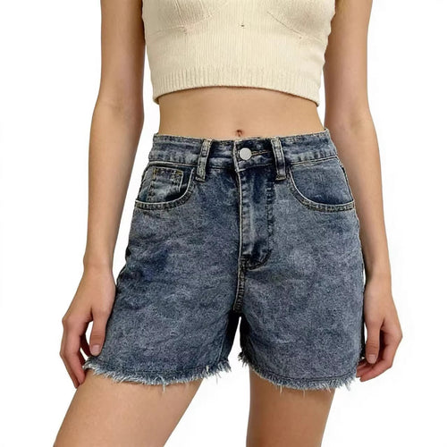 Dame modiske denim-shorts i avslappet snitt med frynsete kant Skjora