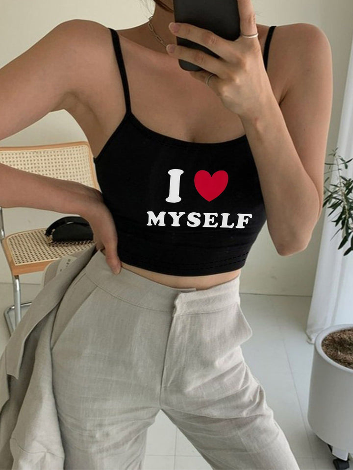 Dame Crop-Top med motiverende statementtrykk og tynne spaghetti-stropper Skjora