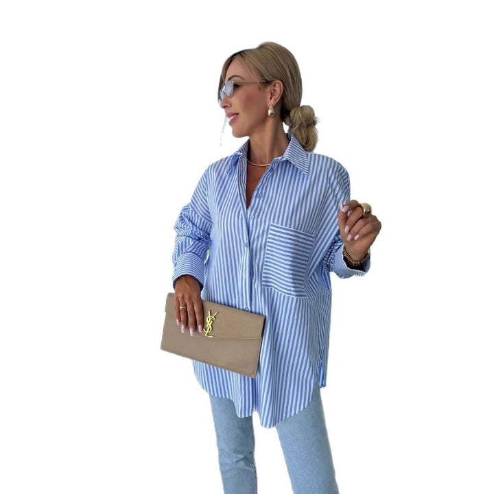 Kvinne casual skjorte bluse med klassisk stripemønster og pålagt brystlomme Skjora