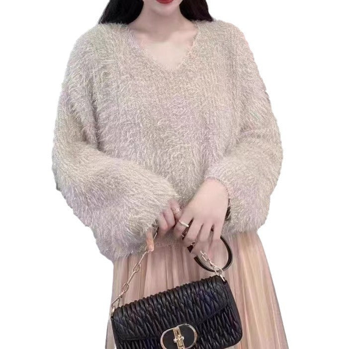 Kvinne Fuzzy V-hals Genser med Lange Ermer og Glittertråder Skjora