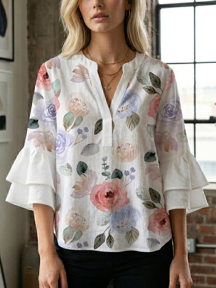 Damer Elegant topp med voluminøse rynkete ermer og blomstertrykk Skjora