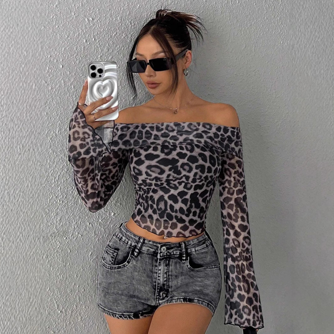 Dame Off-Shoulder Topp med leopardmønster Skjora