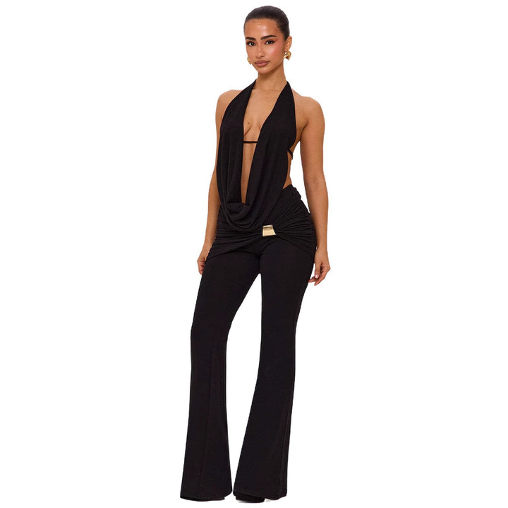 Damer elegant, figurnær jumpsuit med dyp utringning og vide ben Skjora