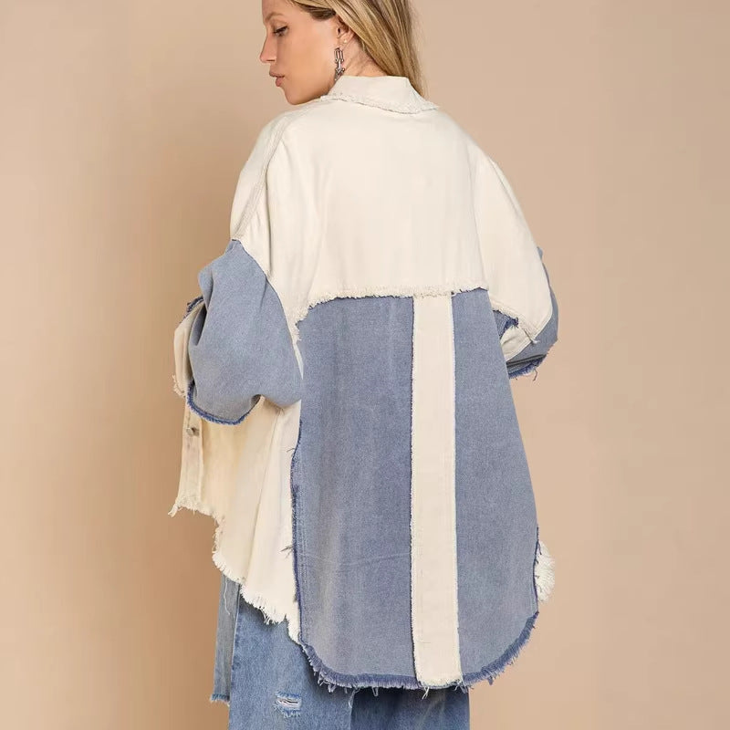 Kvinne Oversized Denim Jakke med Unike Fargeblokker og Fringed Detaljer Skjora