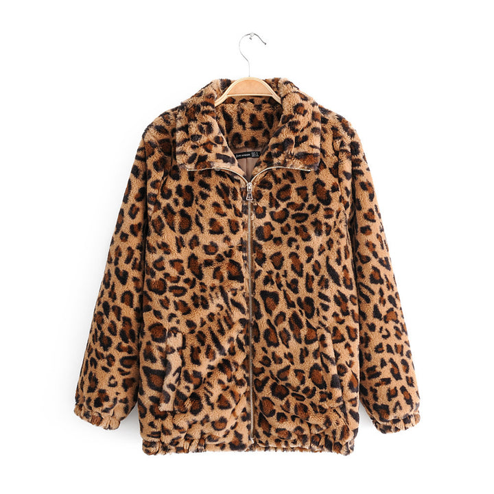 Kvinne Fluffy Leopard Print Jakke med Glidelås Skjora