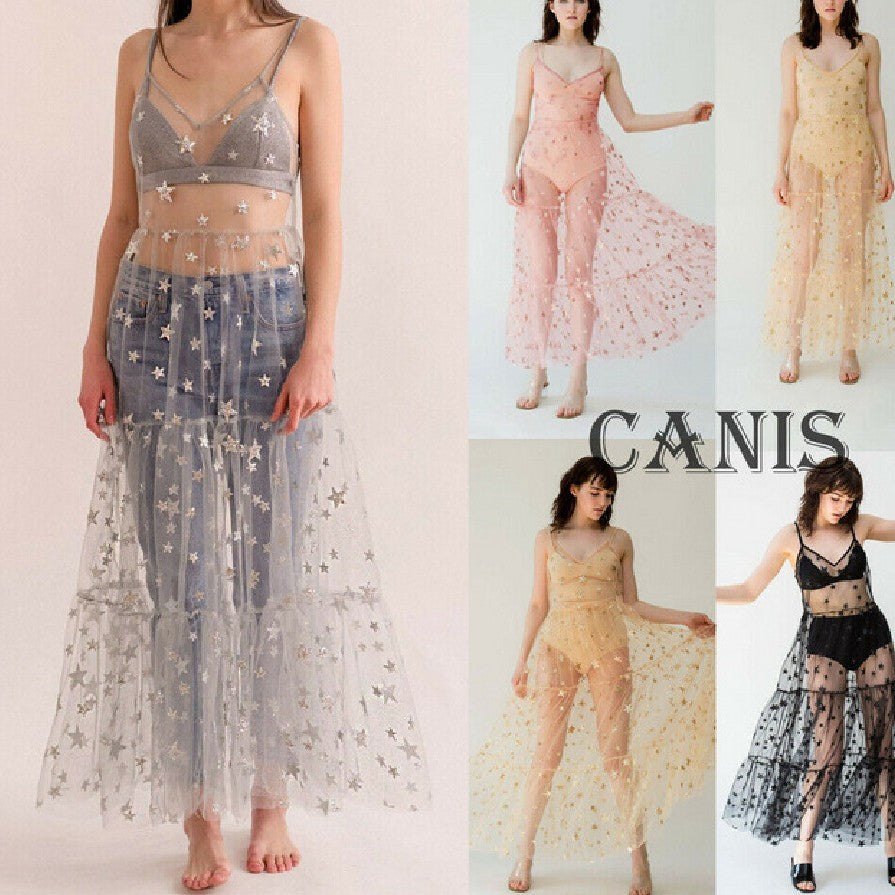 Dame Gjennomsiktig Maxikjole i Chiffon med Stjernedesign og Lagdelt Kant Skjora