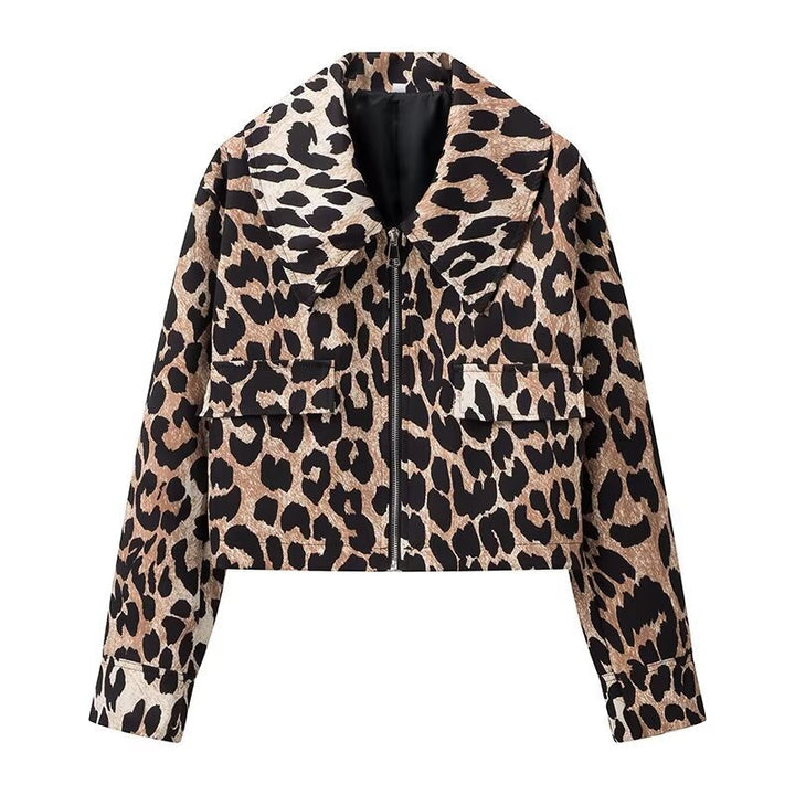 Damer Kort Leopardjakke i Urban Stil med Praktiske Lommer Skjora