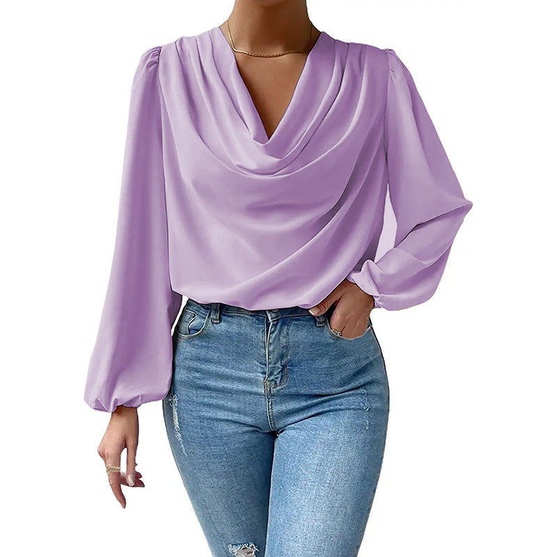 Damer Elegant Langarm-bluse med drapering og vid passform Skjora