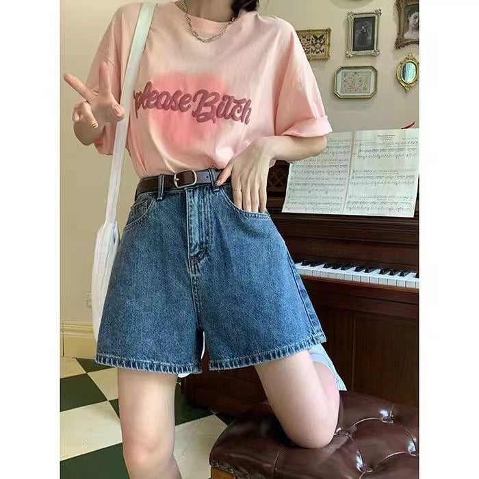 Kvinne denim shorts med høye lommer og løs passform