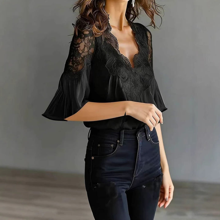 Dame elegant bluse med spissinnsats og volang-ermer Skjora