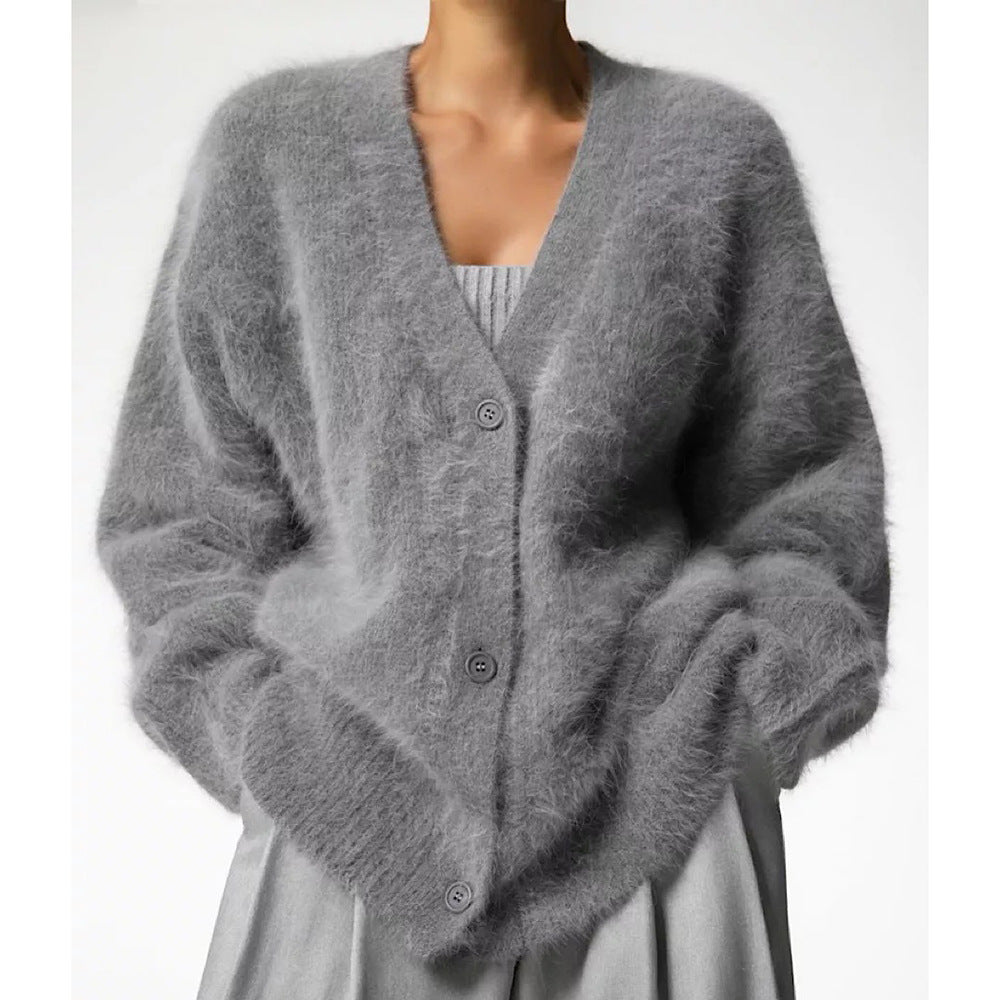 Kvinne Koselig Cardigan med Dyp V-Hals og Oversized Klipp Skjora