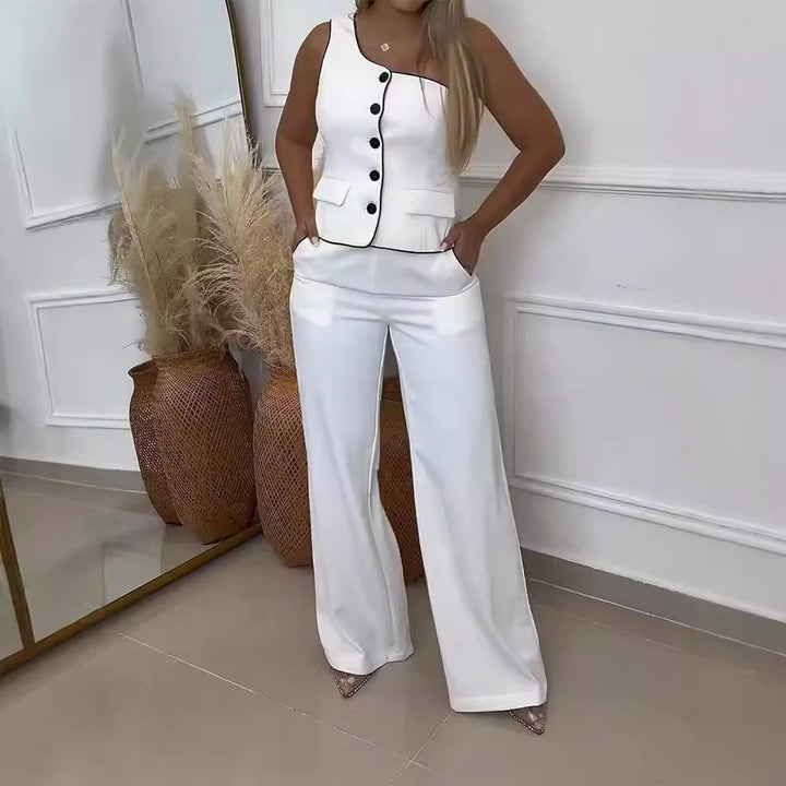 Dame Elegant To-delt Outfit med smykkeknapper og vidt skårne bukser Skjora