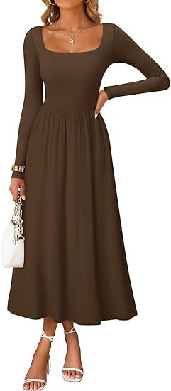 Women's elegant midi dress with square neckline and long sleeves Skjora