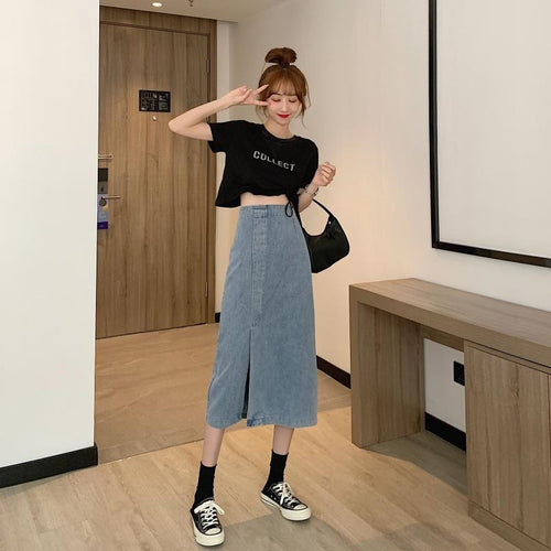 Kvinne jeans midi skjørt med sidesplit Skjora