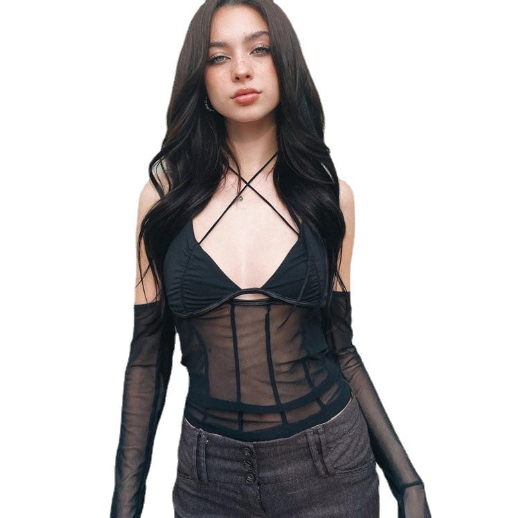 Dame Crop-Top med gjennomsiktig design og raffinerte volangermermer Skjora