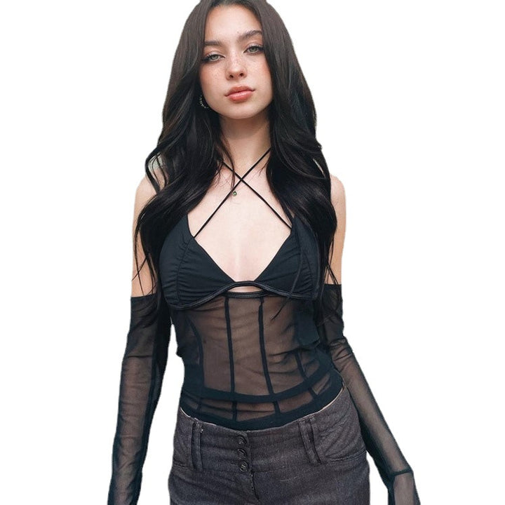 Dame Crop-Top med gjennomsiktig design og raffinerte volangermermer Skjora