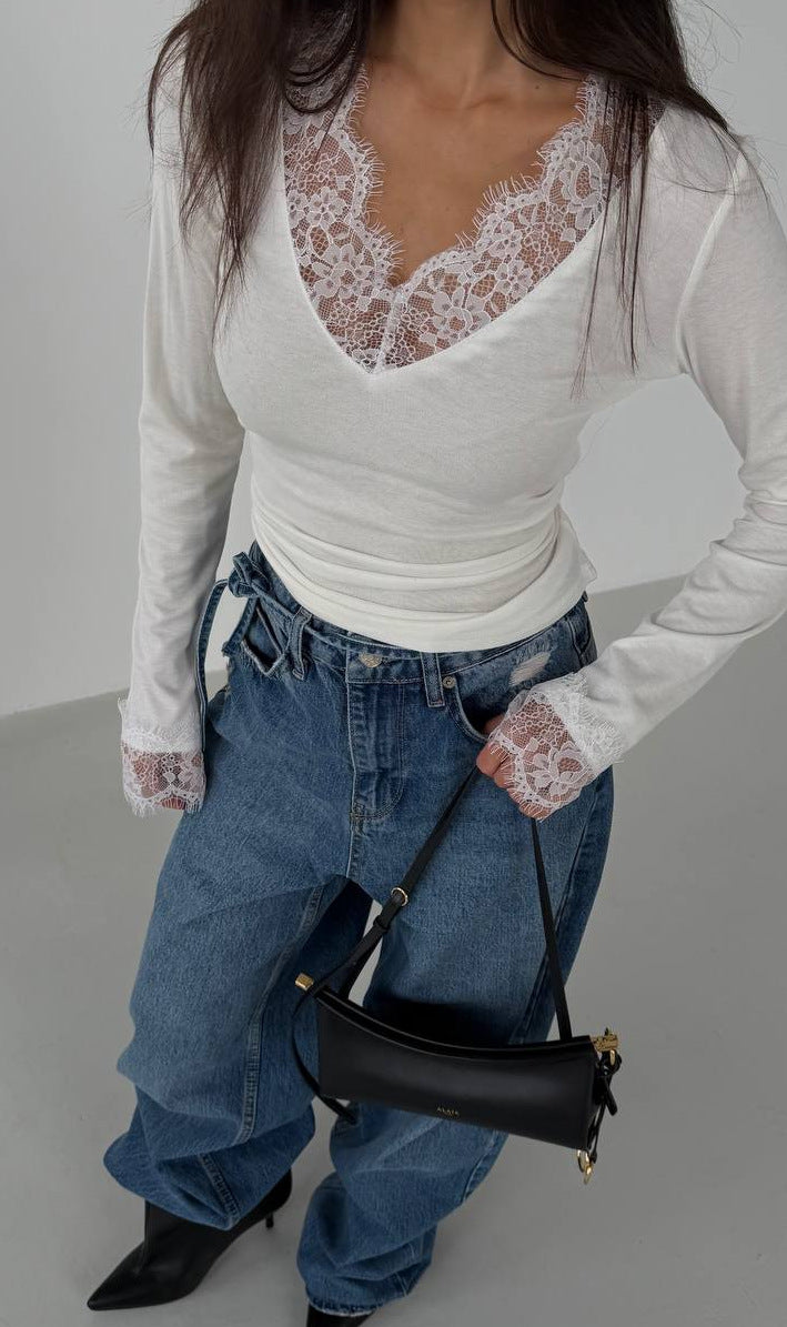 Dame bodysuit med delikat blondekant Skjora