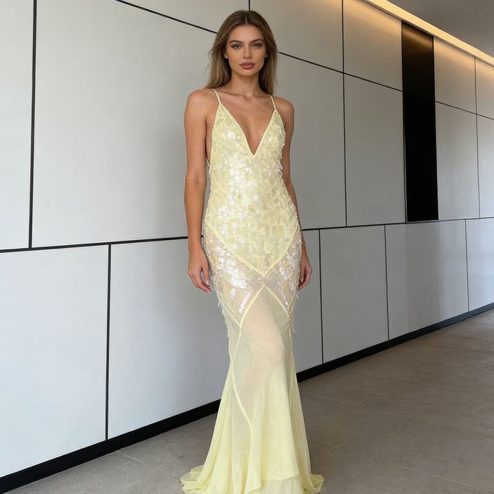 Women's Elegant Evening Dress with Sparkling Details and Asymmetrical Skirt