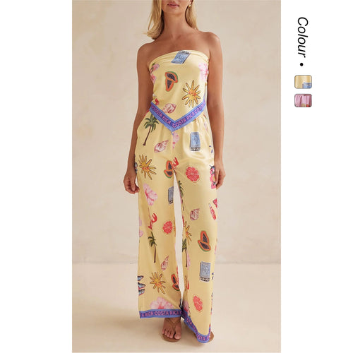 Kvinnens jumpsuit med lekne tropiske mønstre og elastisk topp Skjora